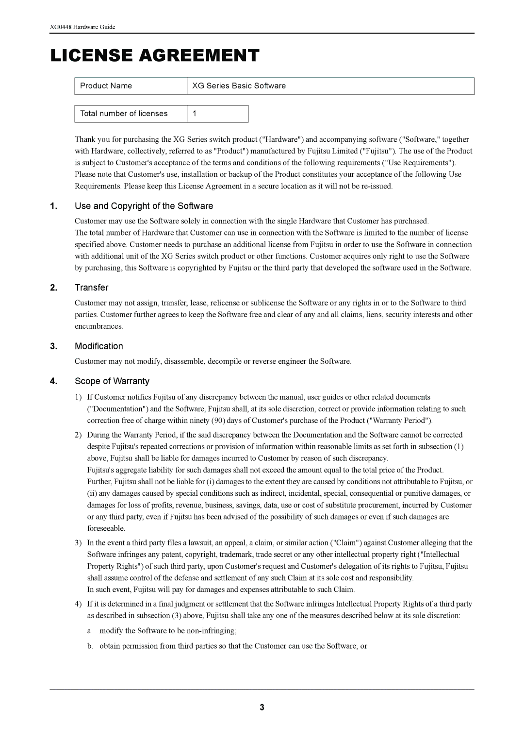 Fujitsu XG0448 manual License Agreement 