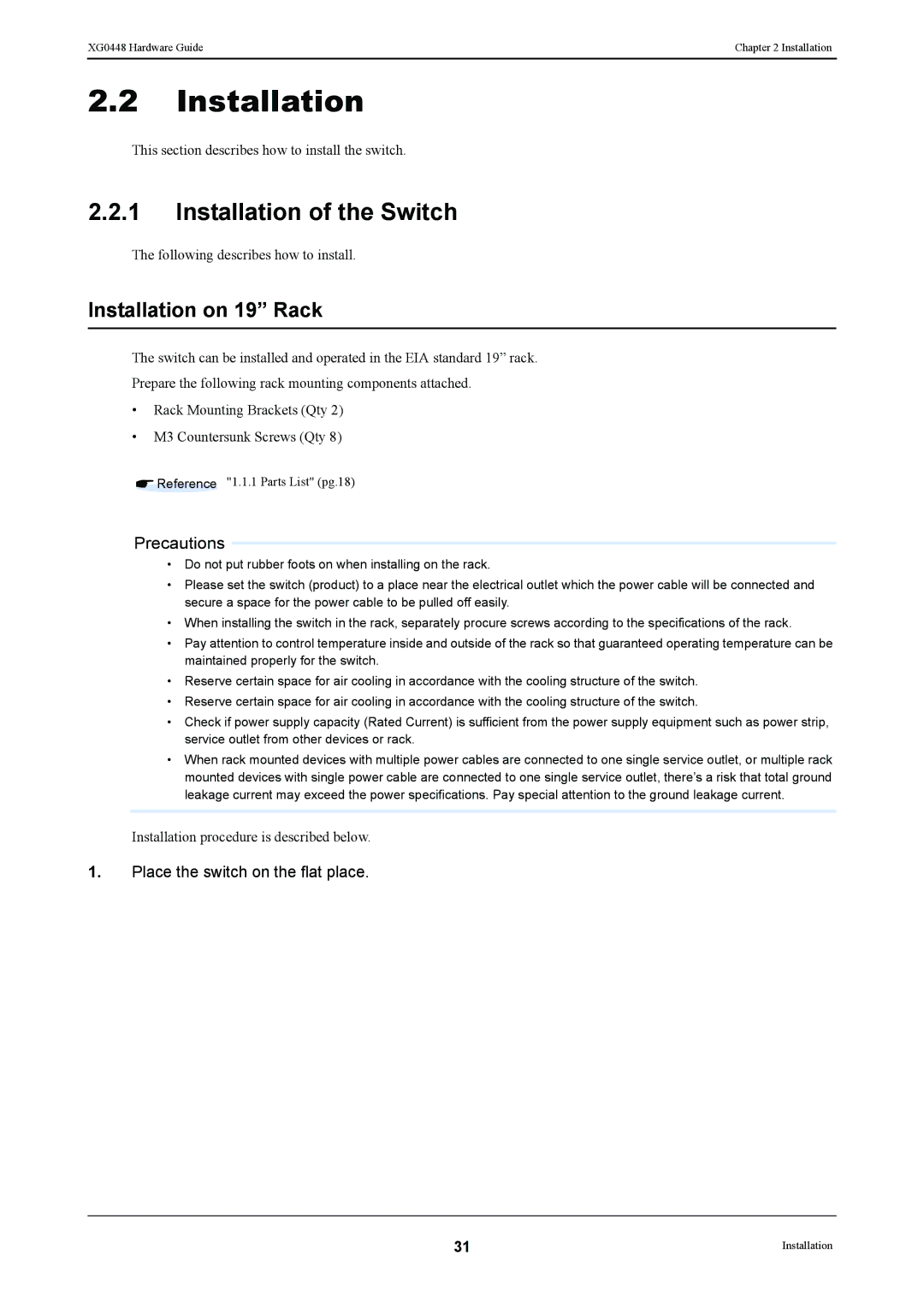 Fujitsu XG0448 manual Installation of the Switch, Installation on 19 Rack 