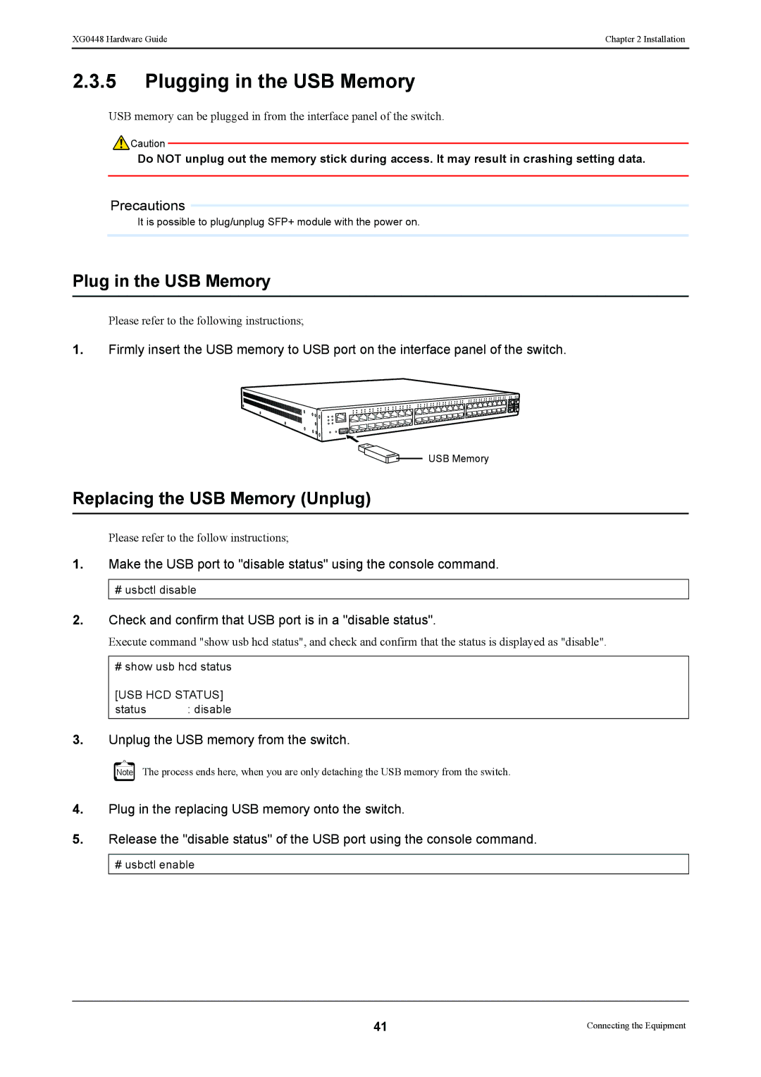 Fujitsu XG0448 manual Plugging in the USB Memory, Plug in the USB Memory, Replacing the USB Memory Unplug 