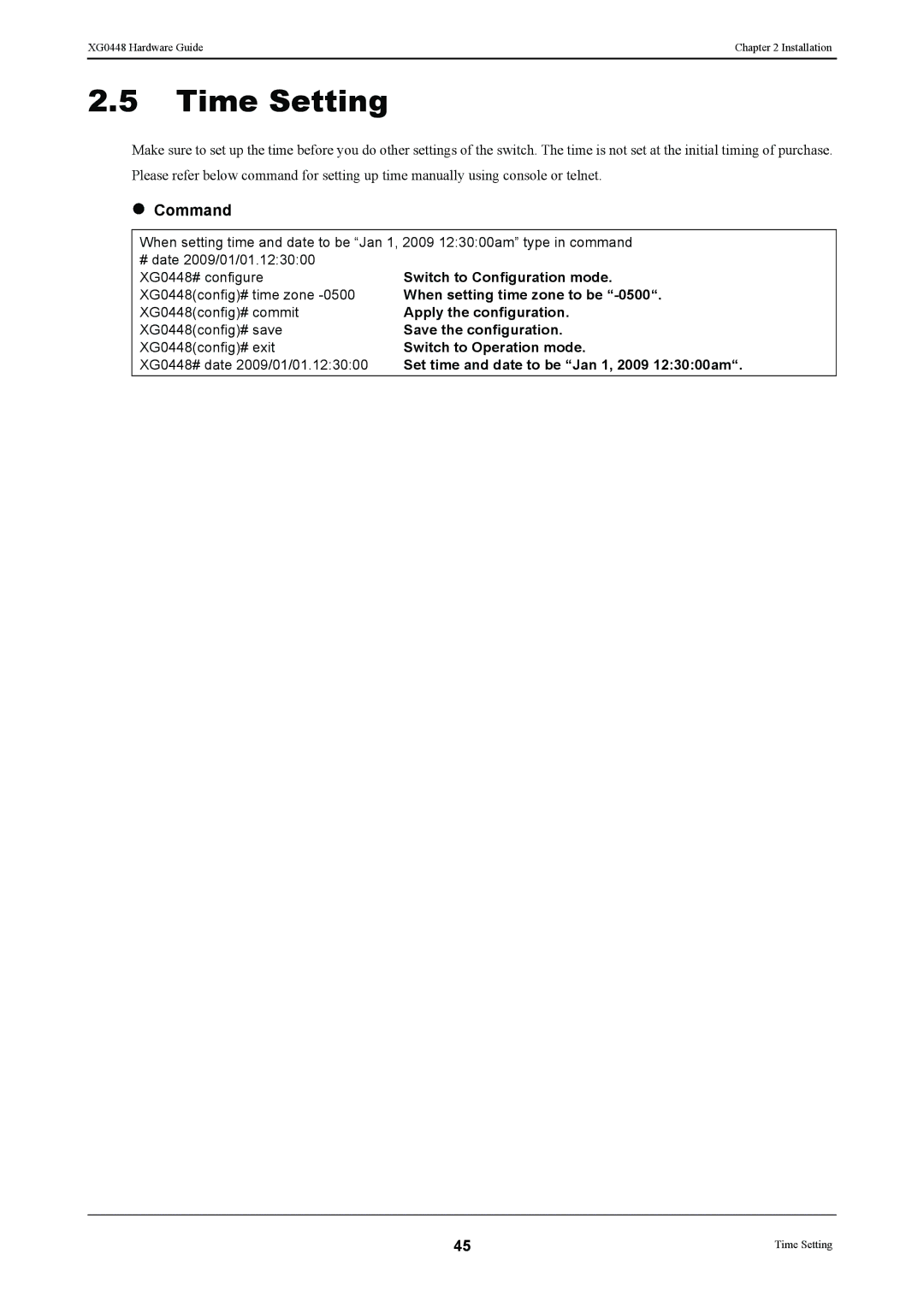 Fujitsu XG0448 manual Time Setting, Command 