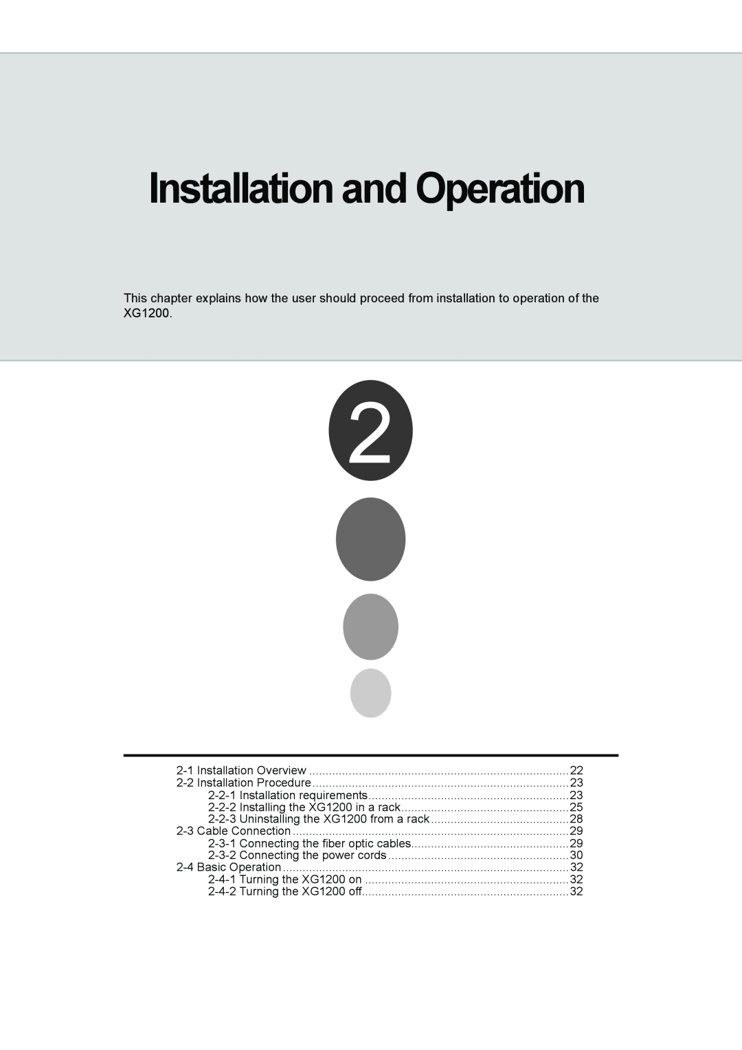 Fujitsu XG1200 manual Installation and Operation, 2-3-1, 2-3-2, 2-4-1, 2-4-2 