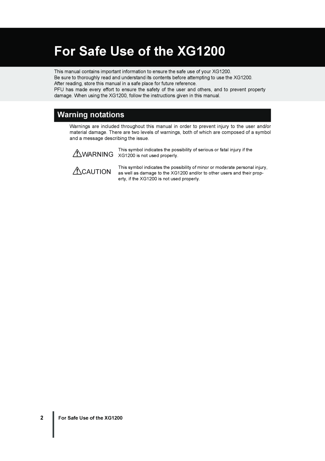 Fujitsu manual For Safe Use of the XG1200, Warning notations 