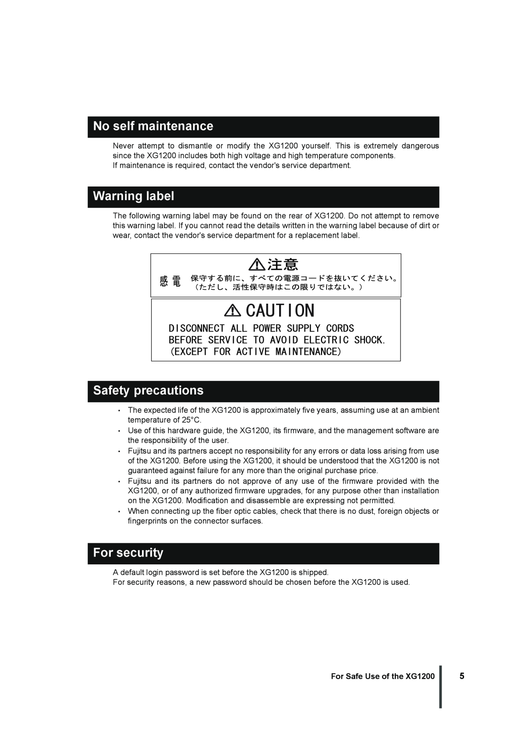 Fujitsu manual No self maintenance, Warning label, Safety precautions, For security, For Safe Use of the XG1200 