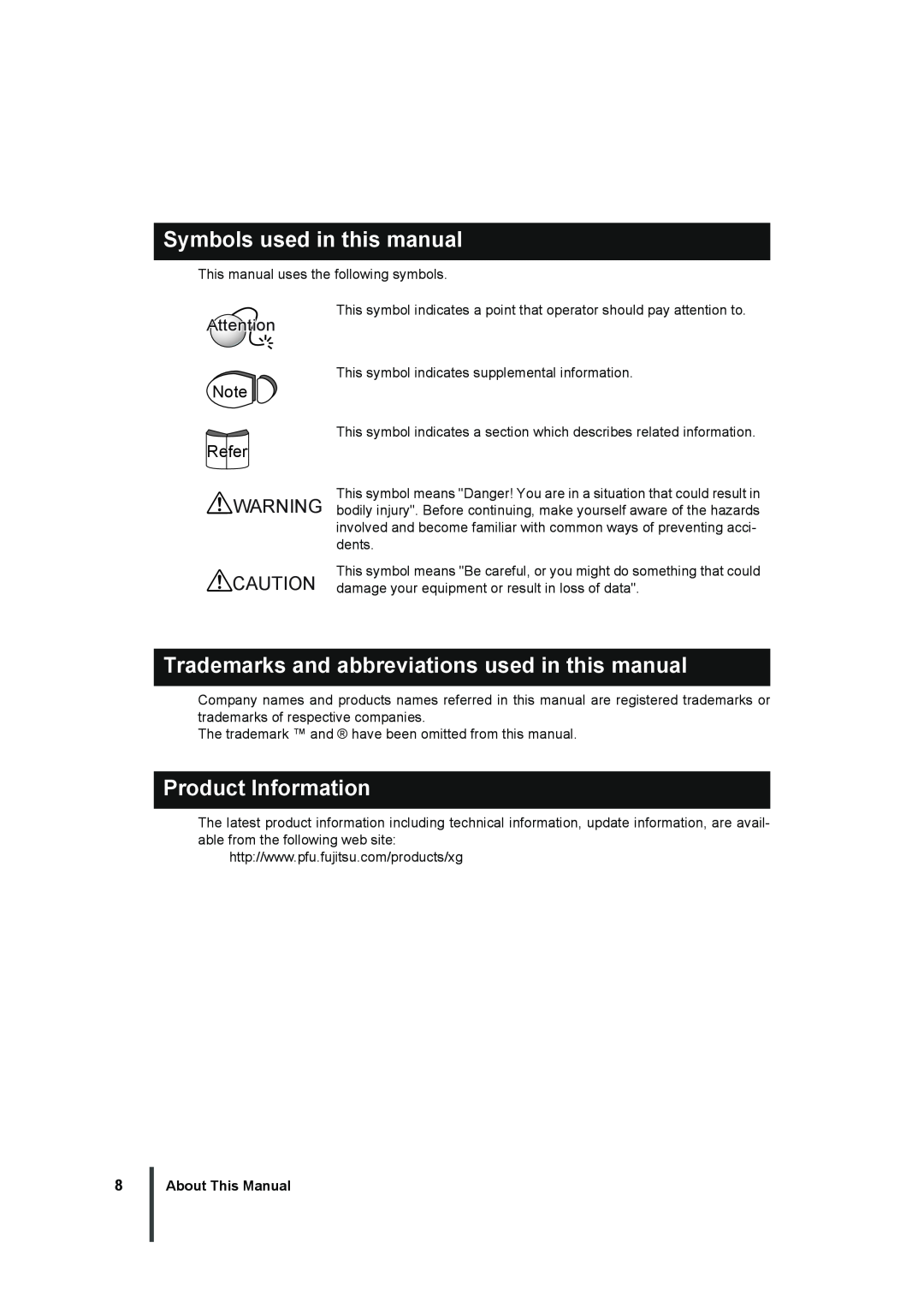 Fujitsu XG1200 Symbols used in this manual, Trademarks and abbreviations used in this manual, Product Information, Refer 