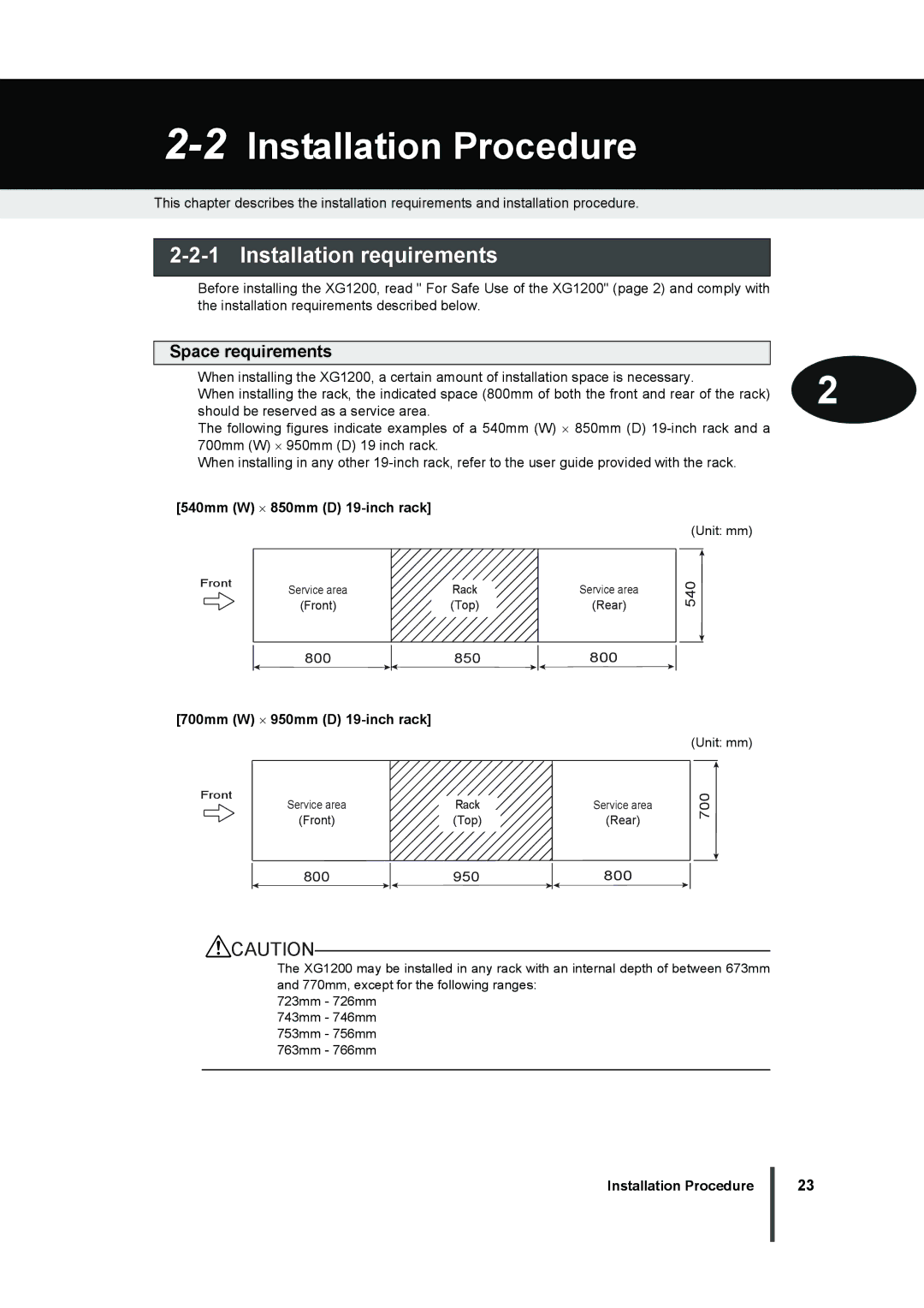 Fujitsu XG1200 manual 2Installation Procedure, Installation requirements, Space requirements 