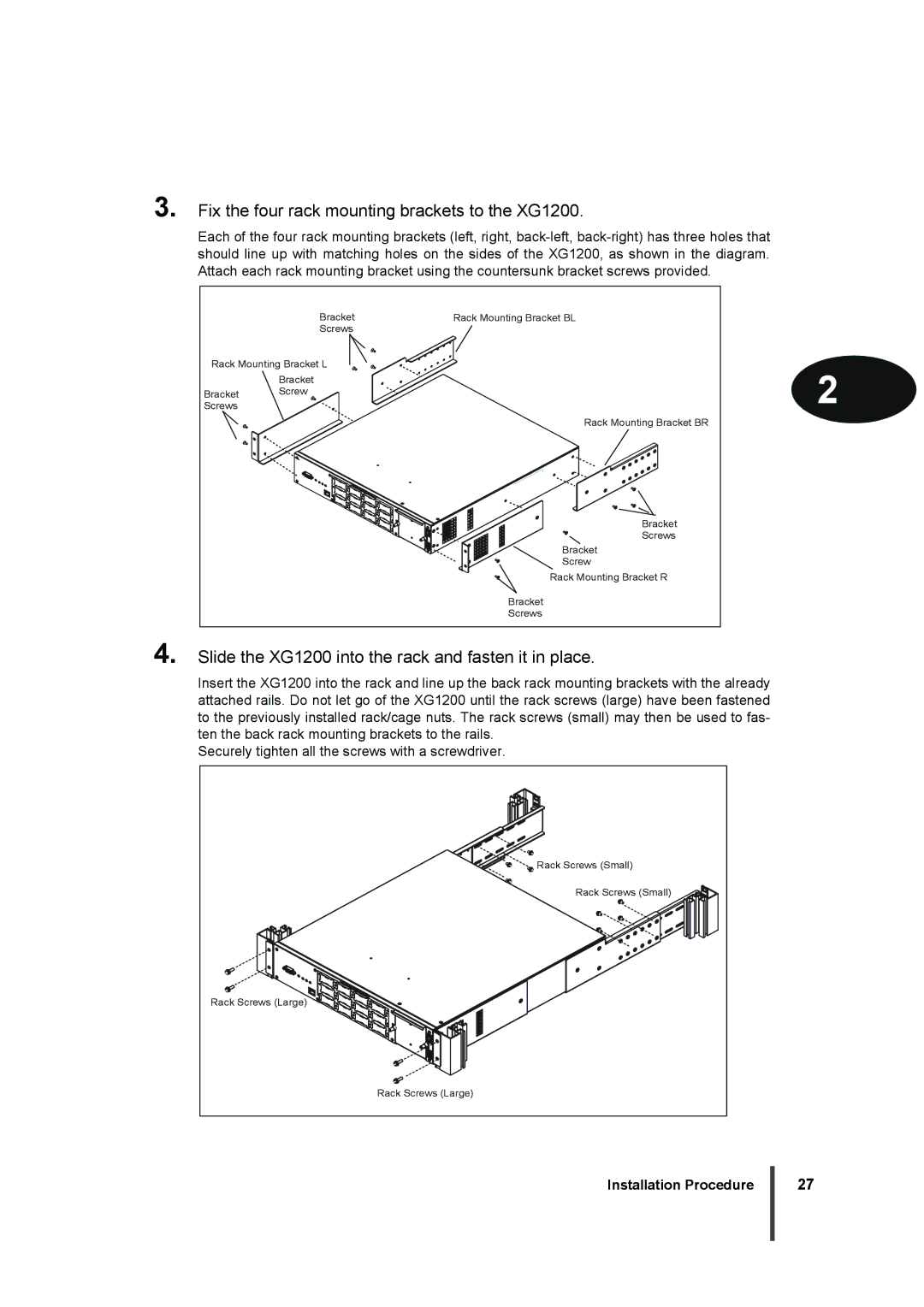 Fujitsu manual Fix the four rack mounting brackets to the XG1200, Slide the XG1200 into the rack and fasten it in place 