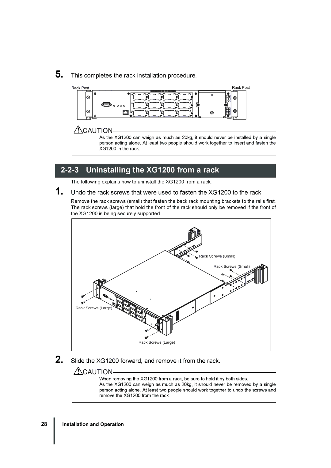 Fujitsu manual Uninstalling the XG1200 from a rack, This completes the rack installation procedure 