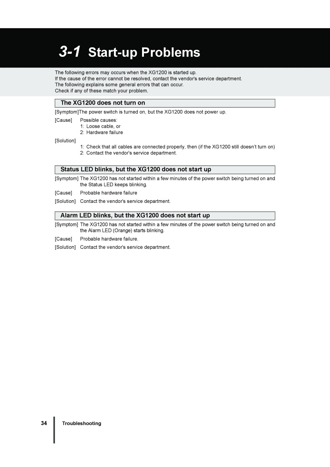 Fujitsu manual XG1200 does not turn on, Status LED blinks, but the XG1200 does not start up 