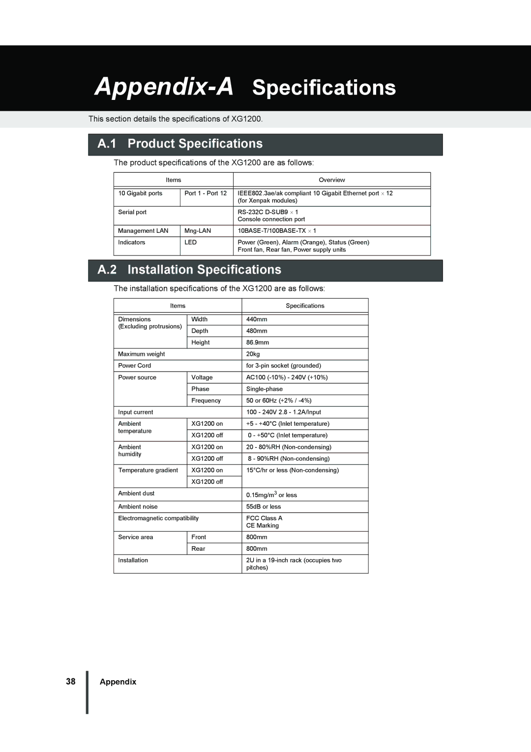 Fujitsu XG1200 manual Appendix-ASpecifications, Product Specifications, Installation Specifications 