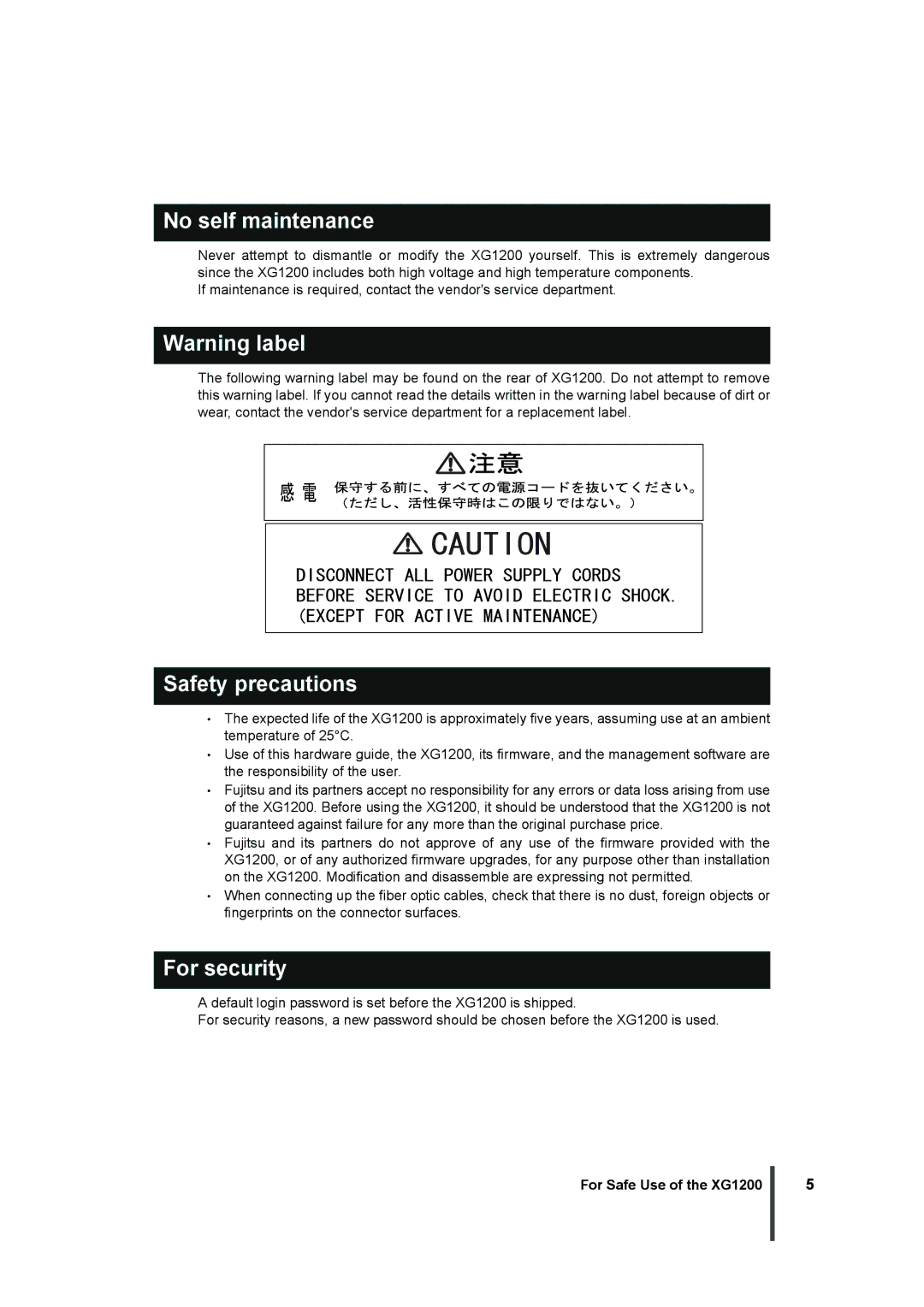 Fujitsu XG1200 manual No self maintenance, Safety precautions, For security 