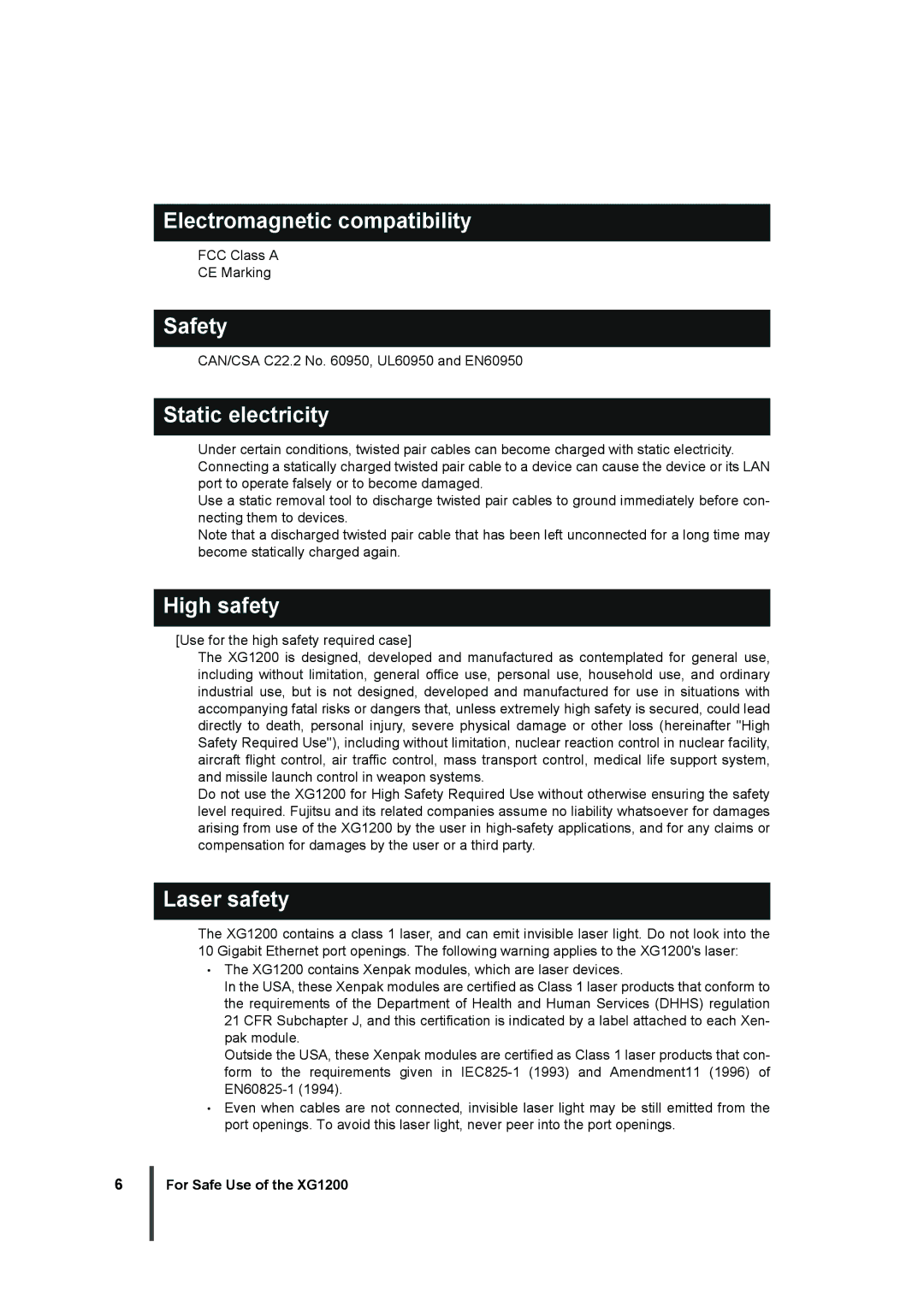 Fujitsu XG1200 manual Electromagnetic compatibility, Safety, Static electricity, High safety, Laser safety 