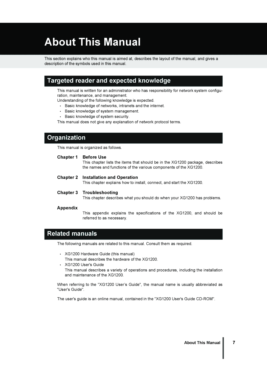 Fujitsu XG1200 About This Manual, Targeted reader and expected knowledge, Organization, Related manuals 