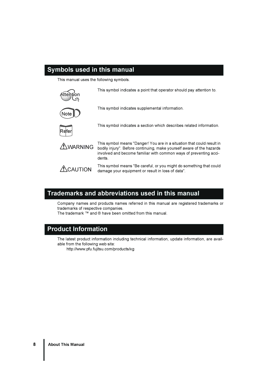 Fujitsu XG1200 Symbols used in this manual, Trademarks and abbreviations used in this manual, Product Information 