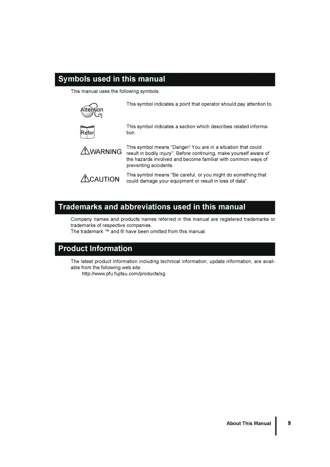 Fujitsu XG2000 Symbols used in this manual, Trademarks and abbreviations used in this manual, Product Information 