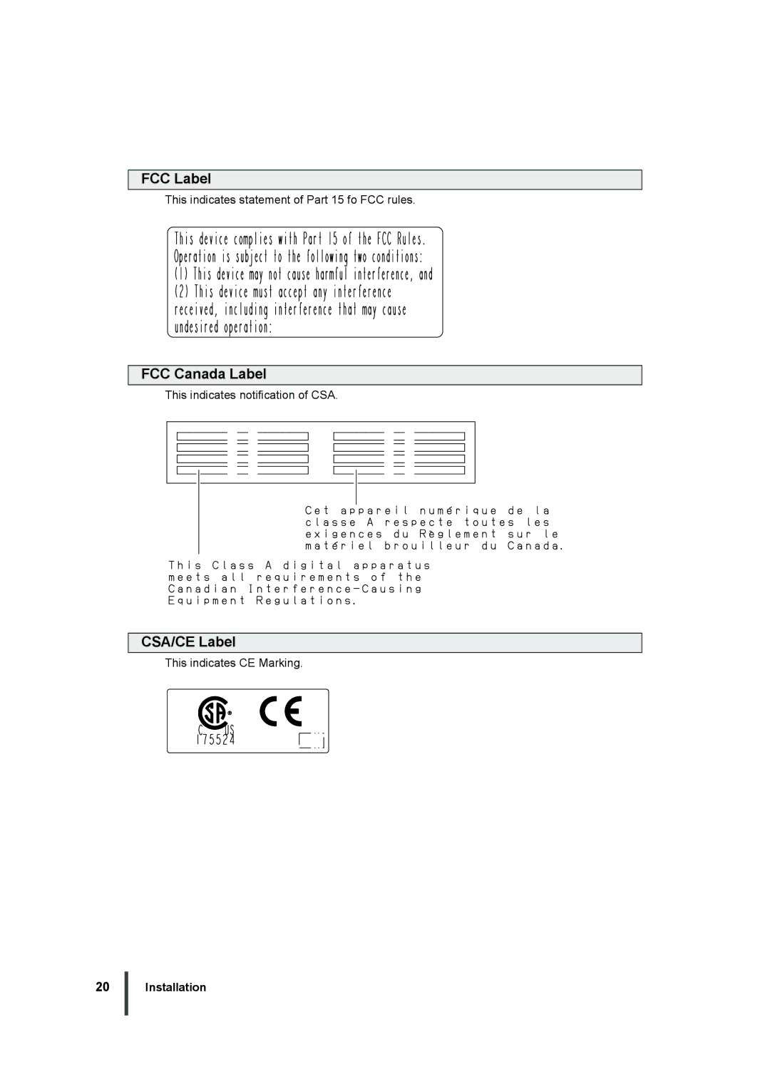 Fujitsu XG2000 manual FCC Label, FCC Canada Label, CSA/CE Label 