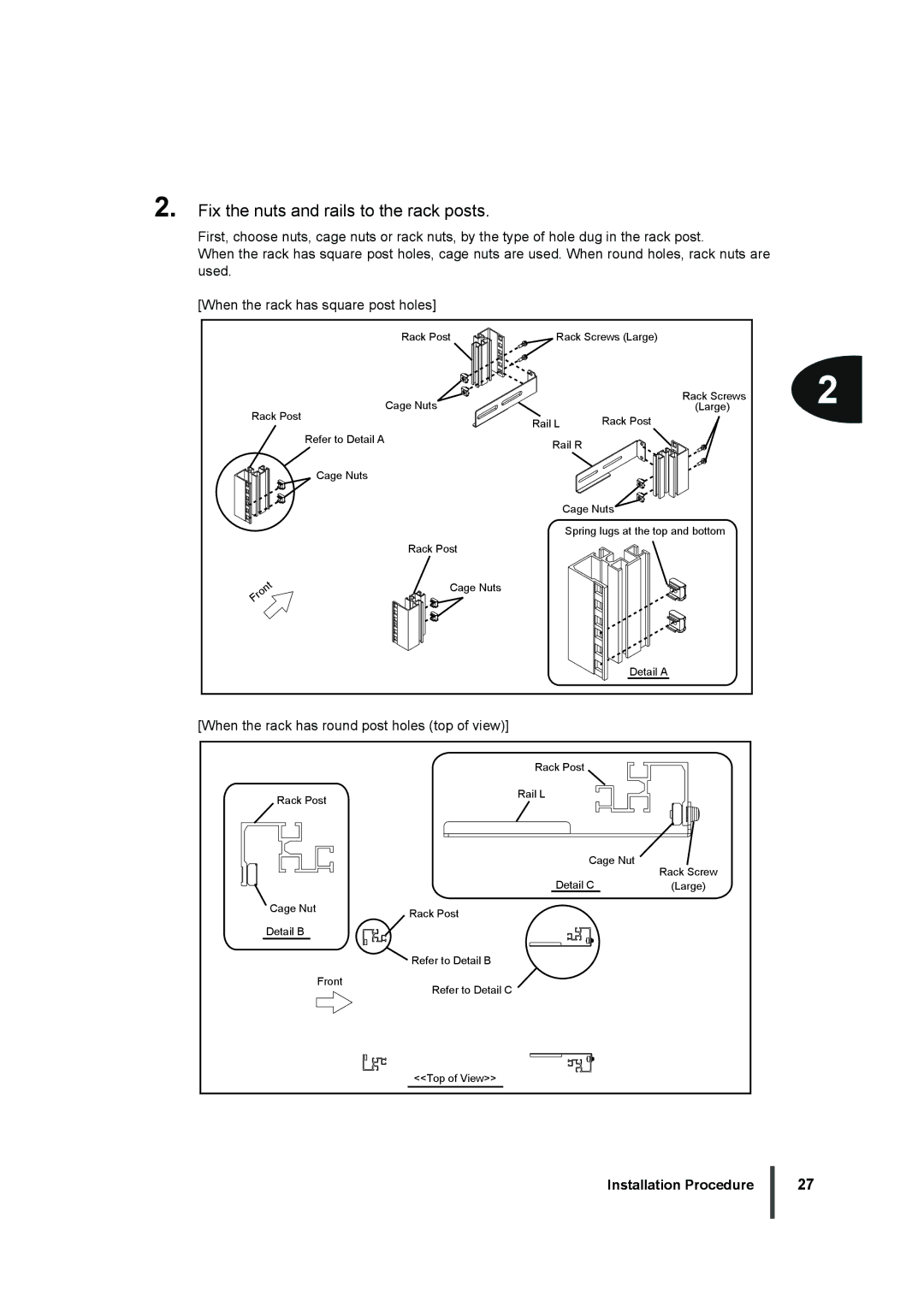 Fujitsu XG2000 manual Fix the nuts and rails to the rack posts, When the rack has round post holes top of view 