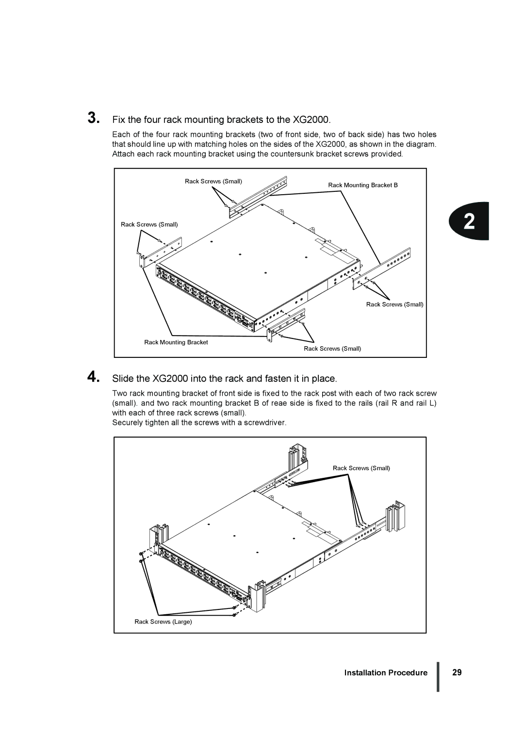 Fujitsu manual Fix the four rack mounting brackets to the XG2000, Slide the XG2000 into the rack and fasten it in place 