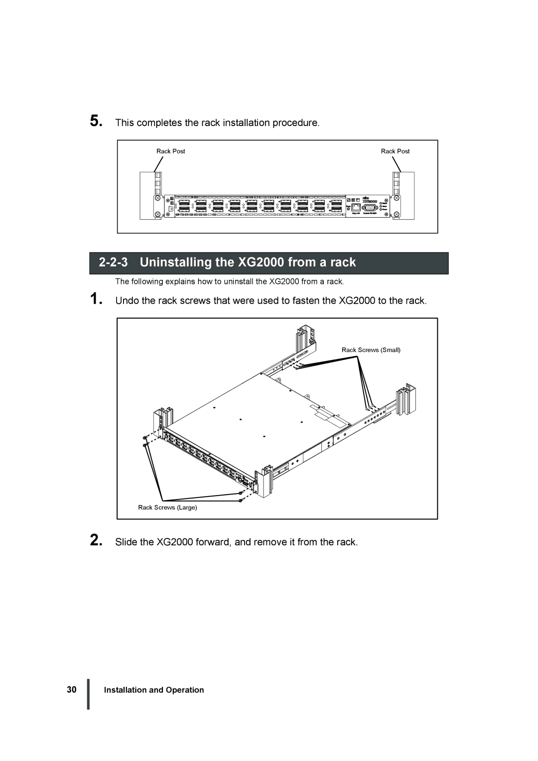 Fujitsu manual Uninstalling the XG2000 from a rack, This completes the rack installation procedure 