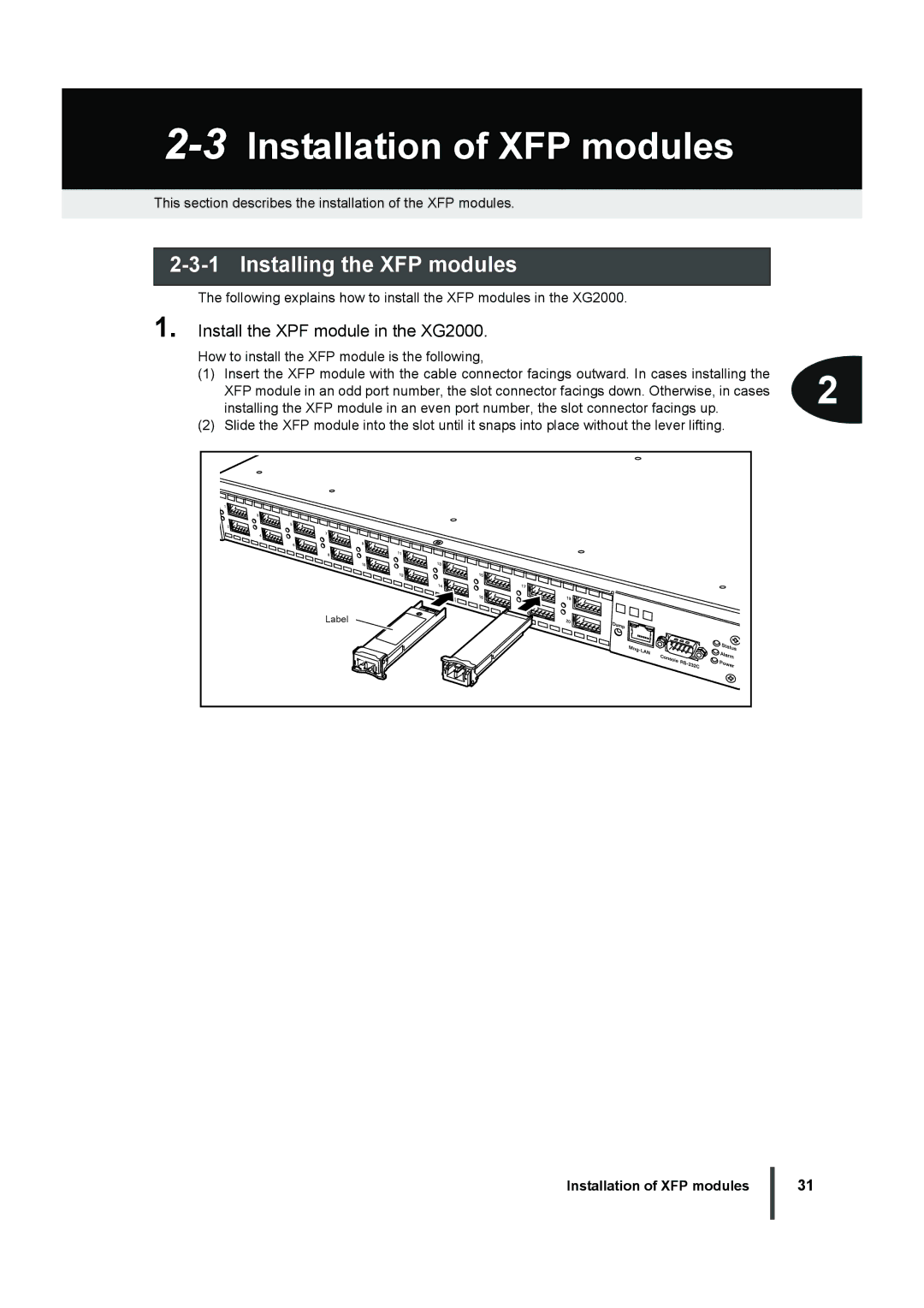 Fujitsu manual 3Installation of XFP modules, Installing the XFP modules, Install the XPF module in the XG2000 