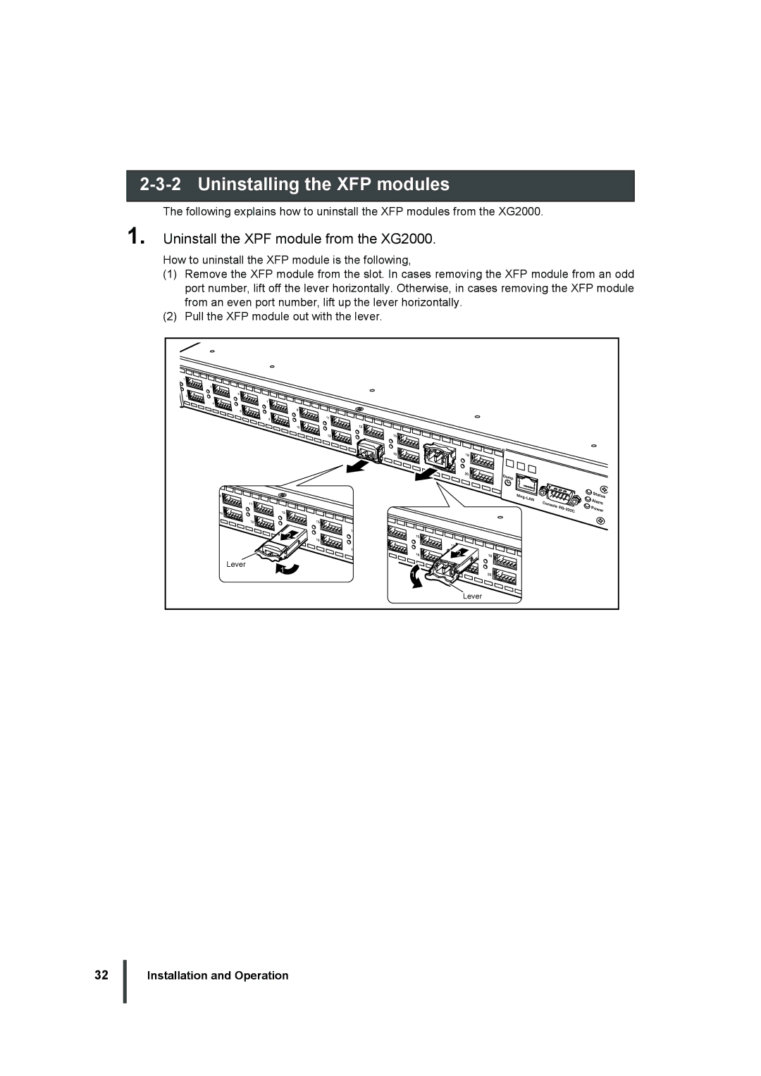 Fujitsu manual Uninstalling the XFP modules, Uninstall the XPF module from the XG2000 