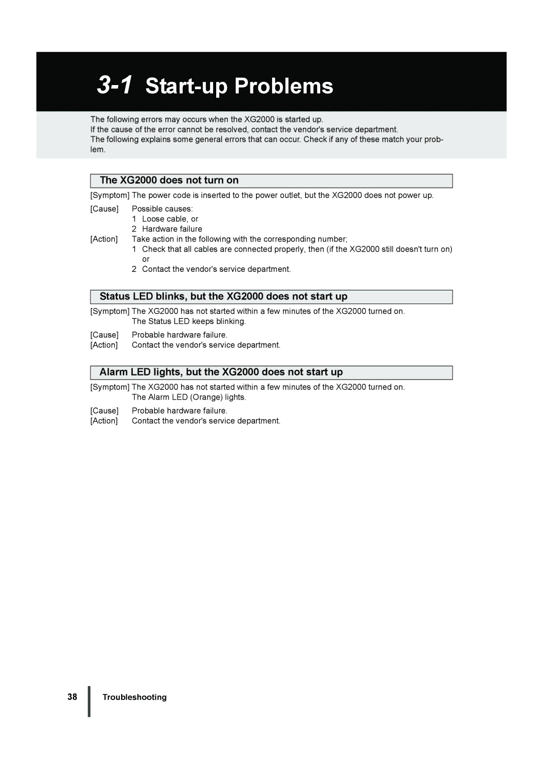 Fujitsu manual 1Start-up Problems, XG2000 does not turn on, Status LED blinks, but the XG2000 does not start up 