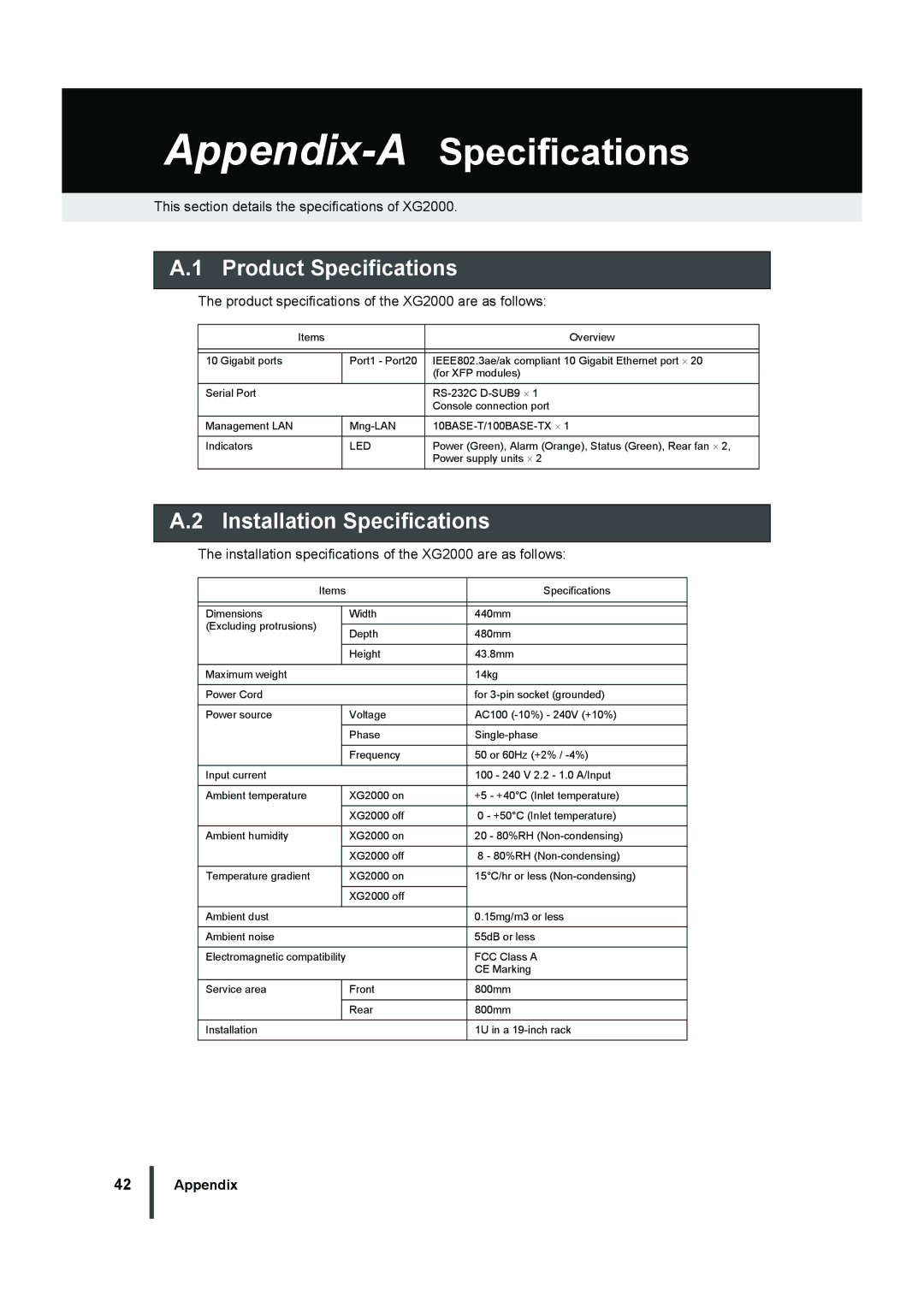 Fujitsu XG2000 manual Appendix-ASpecifications, Product Specifications, Installation Specifications 