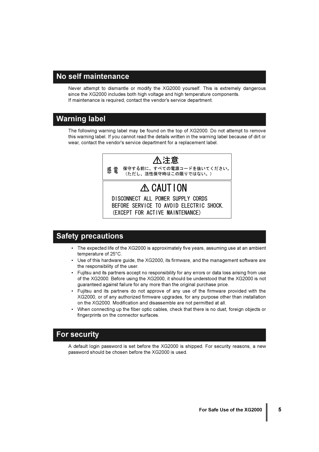 Fujitsu XG2000 manual No self maintenance, Safety precautions, For security 