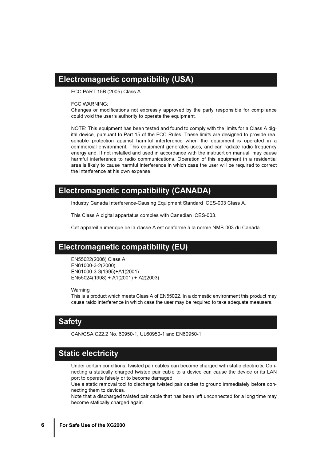 Fujitsu XG2000 Electromagnetic compatibility USA, Electromagnetic compatibility Canada, Electromagnetic compatibility EU 