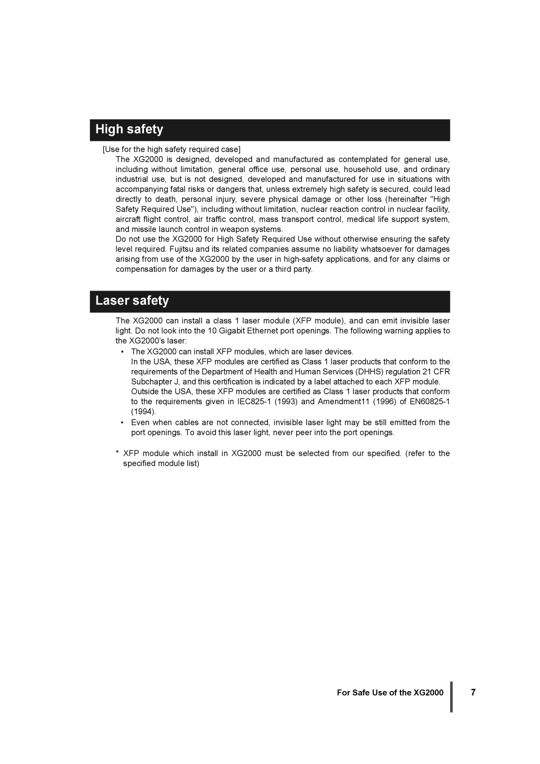 Fujitsu XG2000 manual High safety, Laser safety 