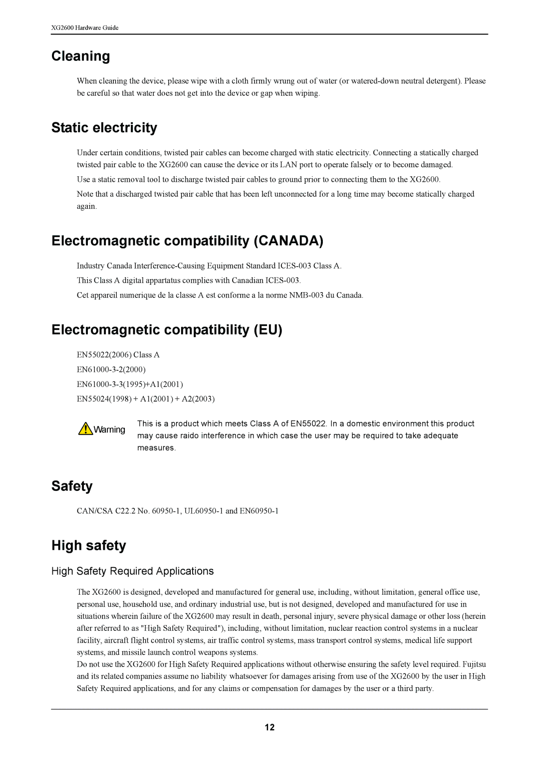 Fujitsu XG2600 manual Cleaning, Static electricity, Electromagnetic compatibility Canada, Electromagnetic compatibility EU 