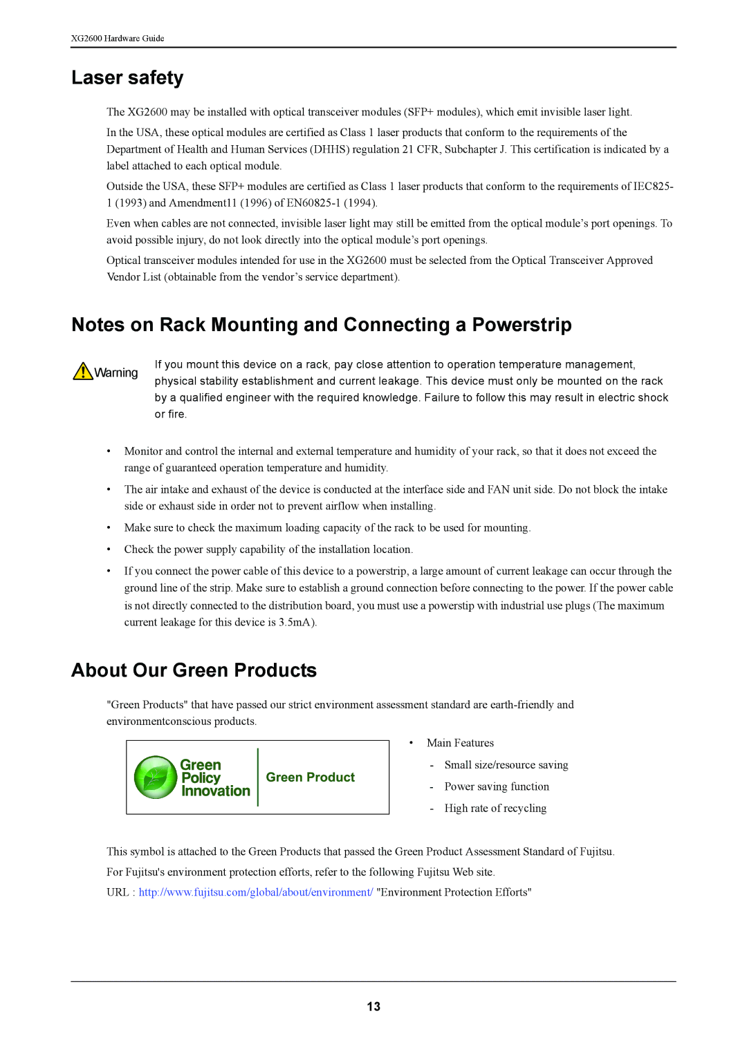 Fujitsu XG2600 manual Laser safety, About Our Green Products 