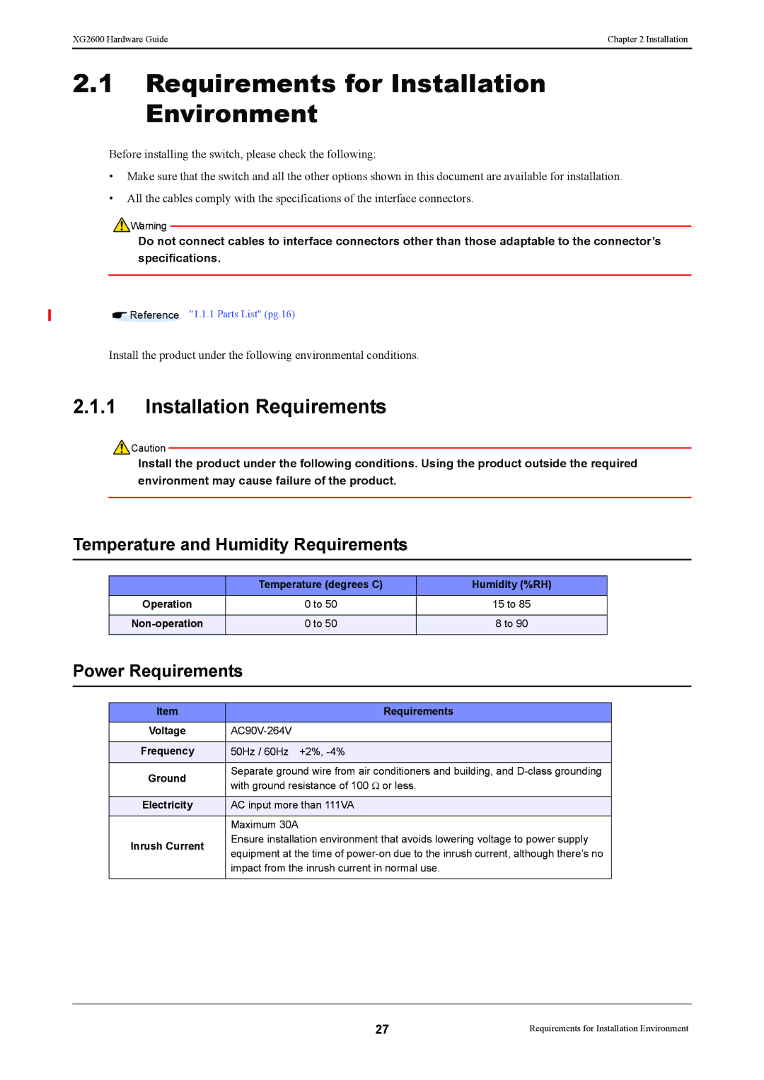 Fujitsu XG2600 Requirements for Installation Environment, Installation Requirements, Temperature and Humidity Requirements 