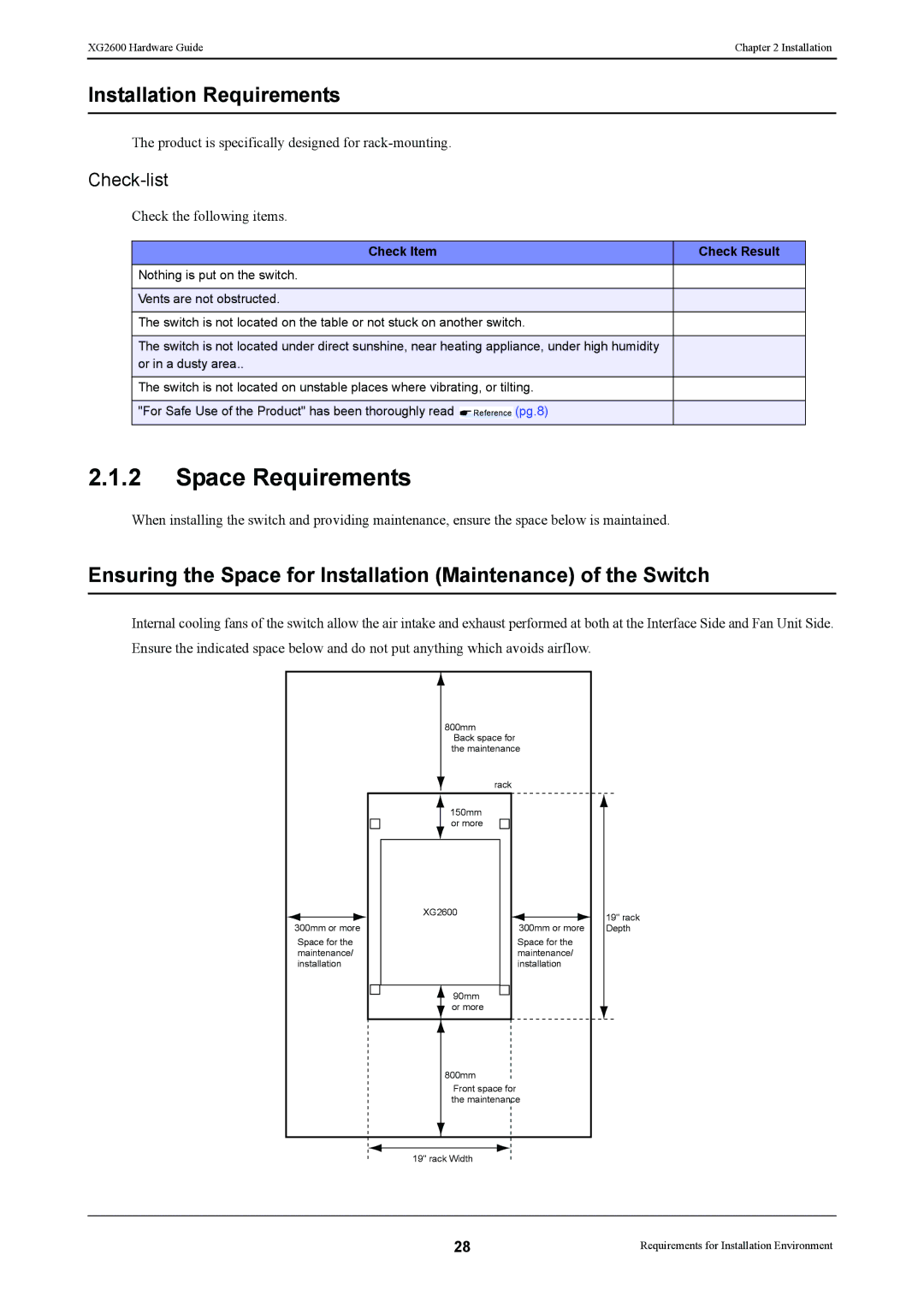 Fujitsu XG2600 manual Space Requirements, Installation Requirements, Check-list, Check Item Check Result 