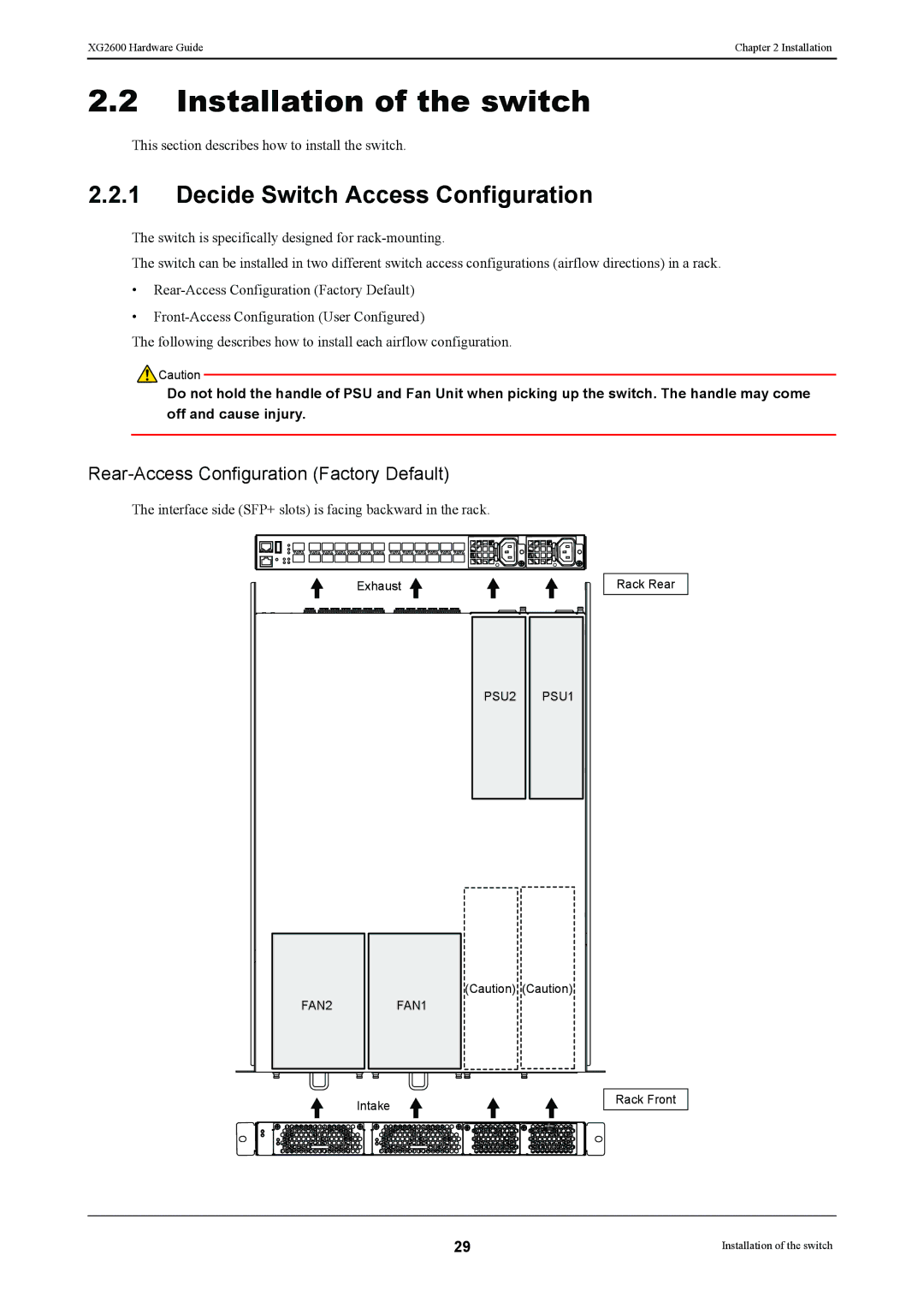 Fujitsu XG2600 Installation of the switch, Decide Switch Access Configuration, Rear-Access Configuration Factory Default 