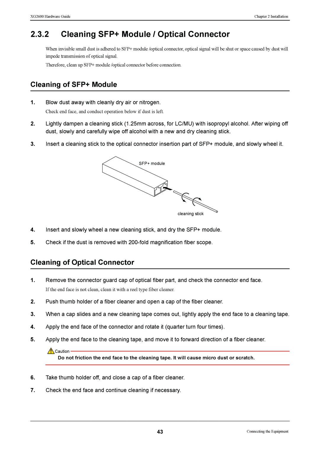 Fujitsu XG2600 manual Cleaning SFP+ Module / Optical Connector, Cleaning of SFP+ Module, Cleaning of Optical Connector 