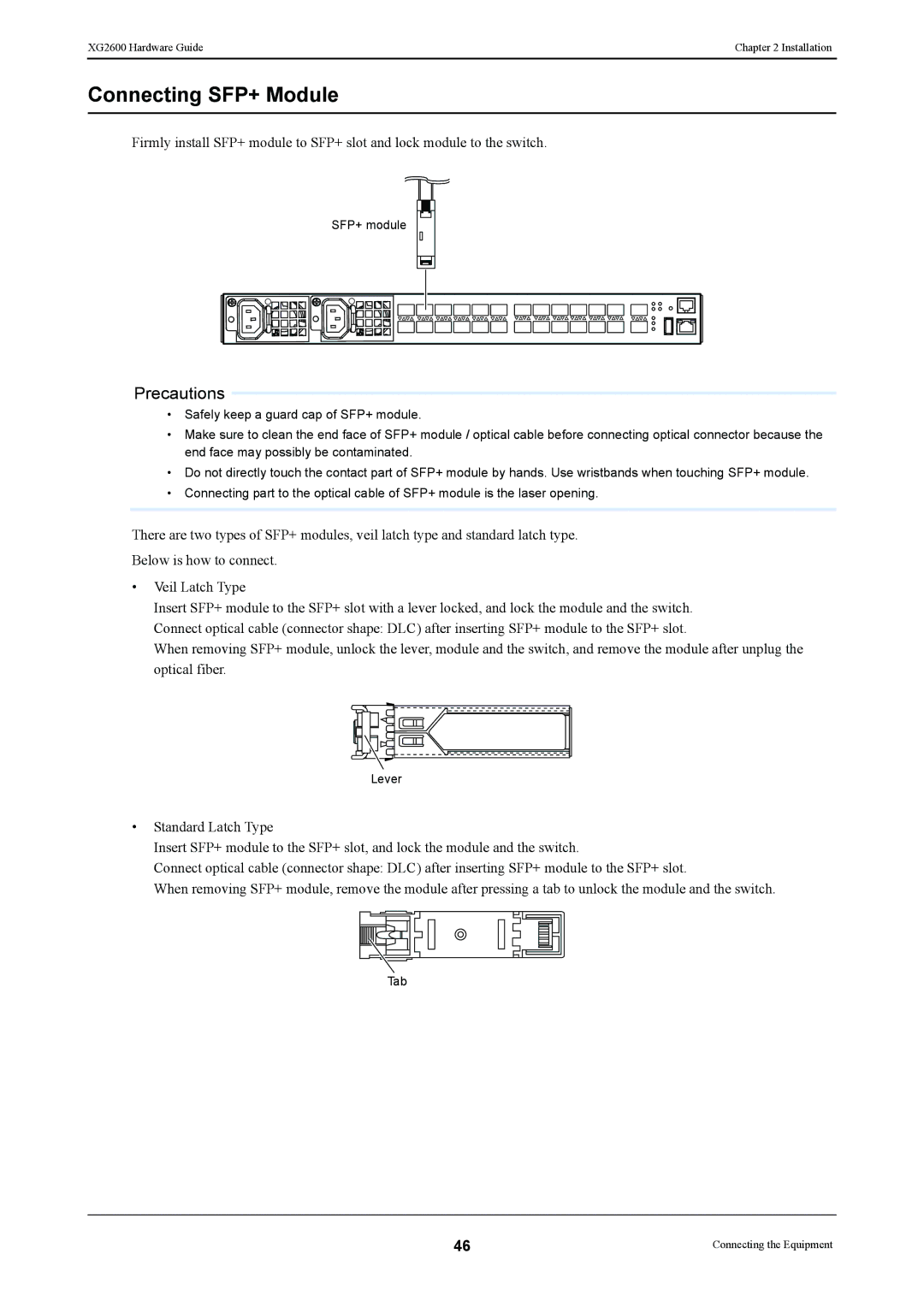 Fujitsu XG2600 manual Connecting SFP+ Module 