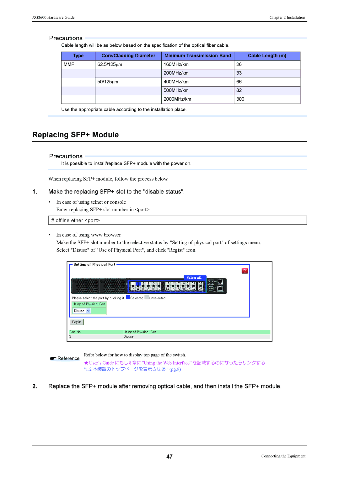 Fujitsu XG2600 Replacing SFP+ Module, Make the replacing SFP+ slot to the disable status, Type Core/Cladding Diameter 