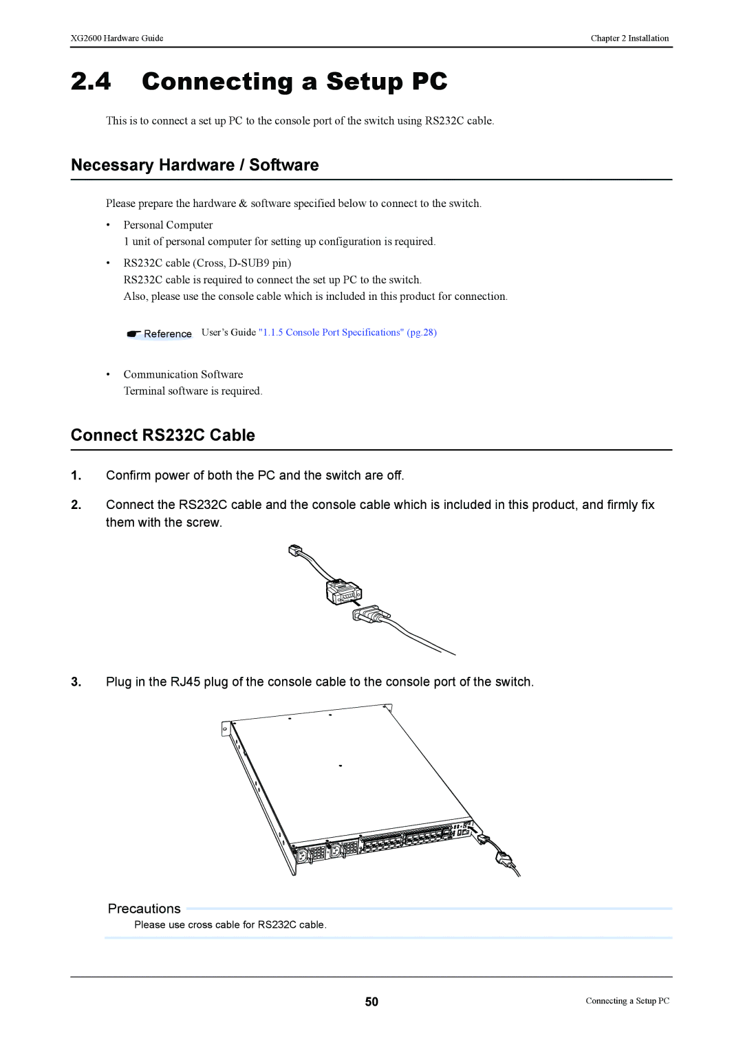 Fujitsu XG2600 manual Connecting a Setup PC, Necessary Hardware / Software, Connect RS232C Cable 