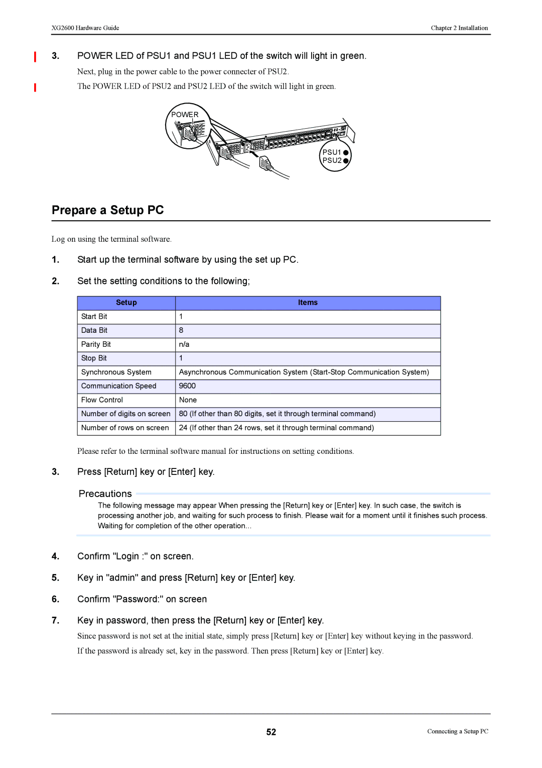 Fujitsu XG2600 manual Prepare a Setup PC, Press Return key or Enter key Precautions, Setup Items 