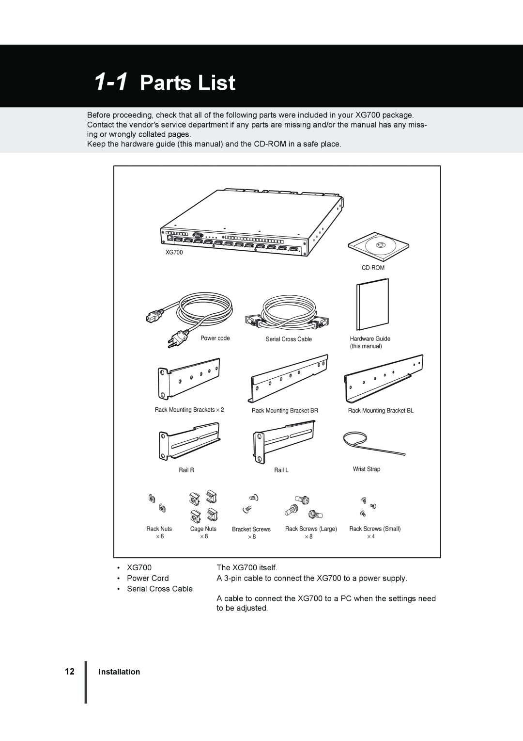 Fujitsu XG700 manual Parts List, Installation 