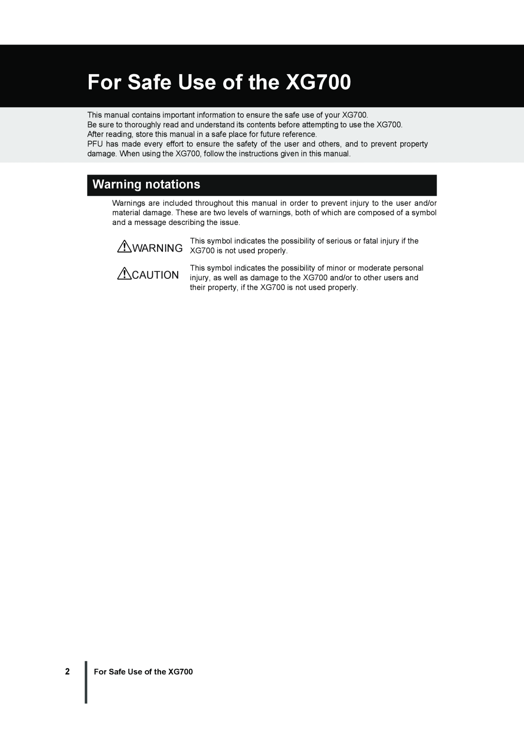 Fujitsu manual For Safe Use of the XG700, Warning notations 