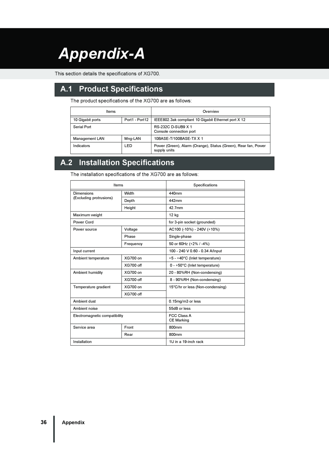 Fujitsu XG700 manual Appendix-A Specifications, A.1 Product Specifications, A.2 Installation Specifications 