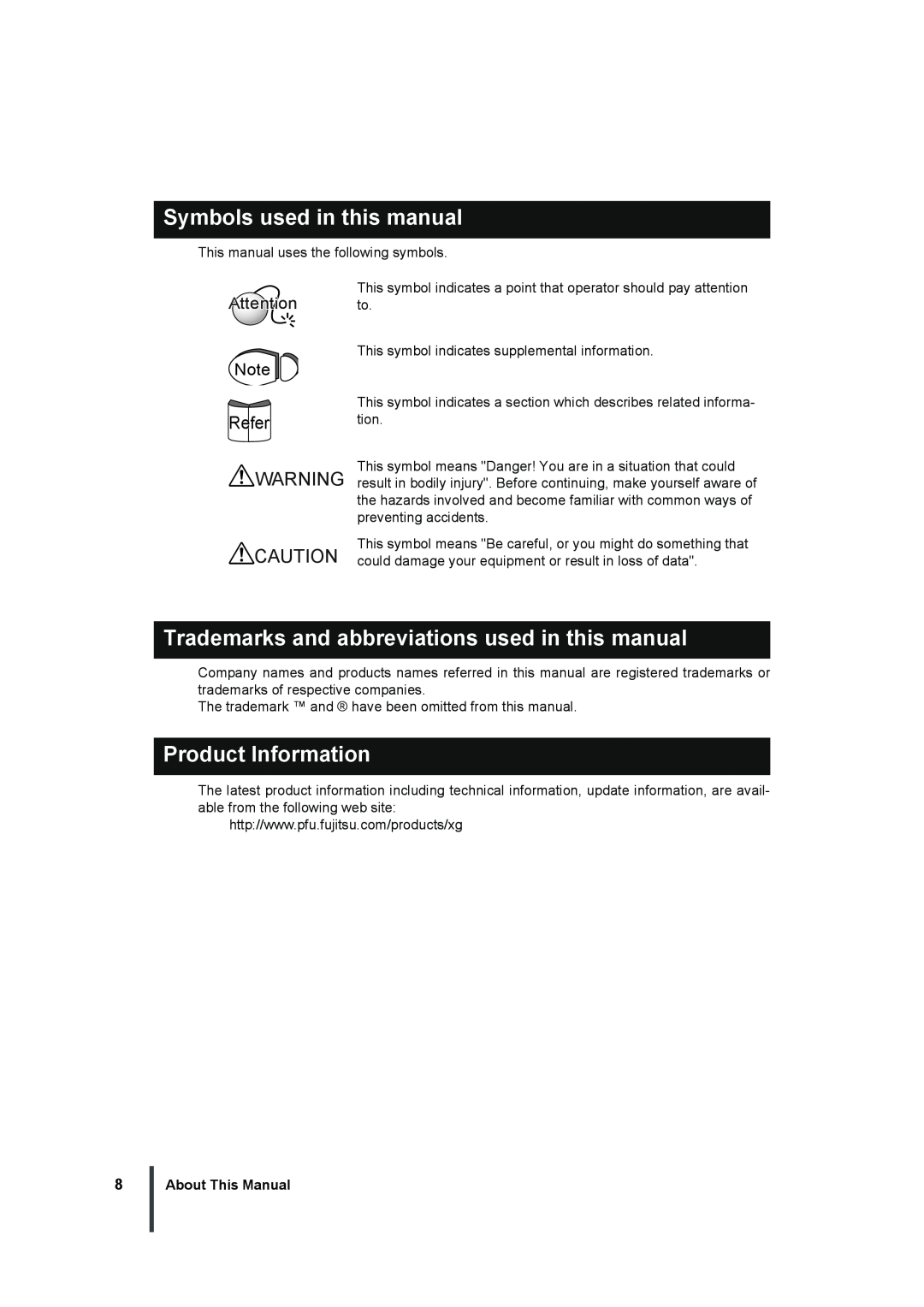 Fujitsu XG700 Symbols used in this manual, Trademarks and abbreviations used in this manual, Product Information, Refer 
