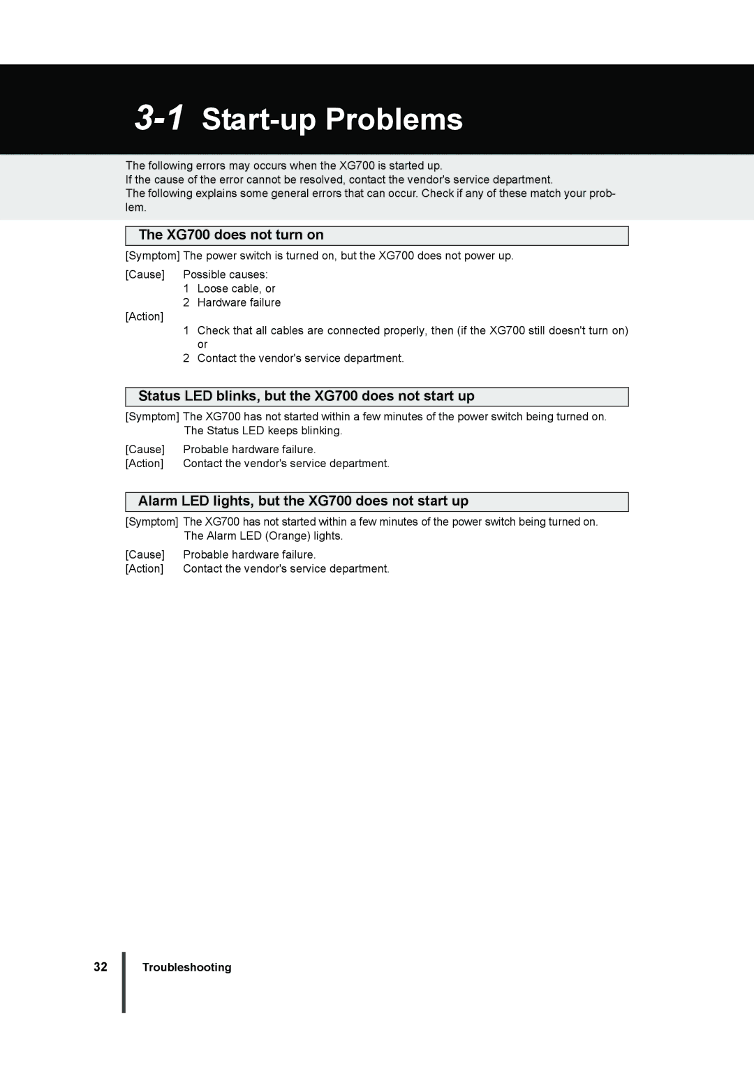 Fujitsu manual 1Start-up Problems, XG700 does not turn on, Status LED blinks, but the XG700 does not start up 