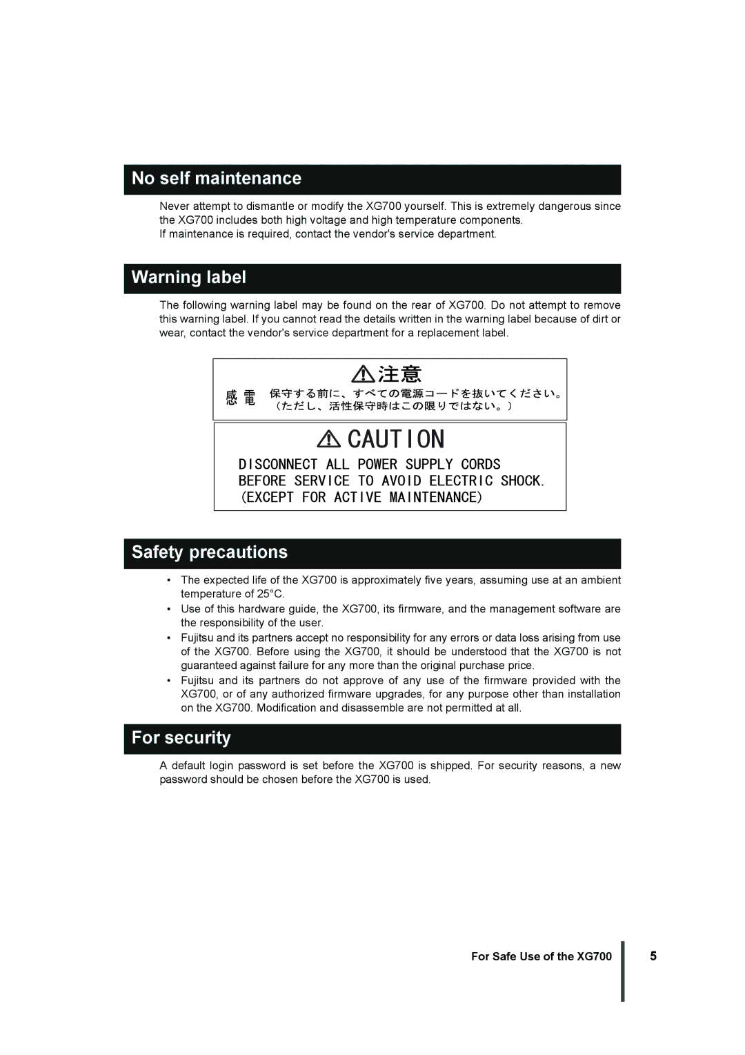 Fujitsu XG700 manual No self maintenance, Safety precautions, For security 