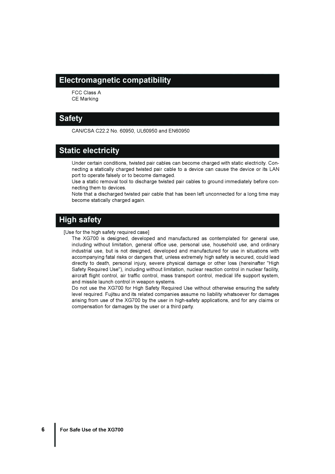 Fujitsu XG700 manual Electromagnetic compatibility, Safety, Static electricity, High safety 