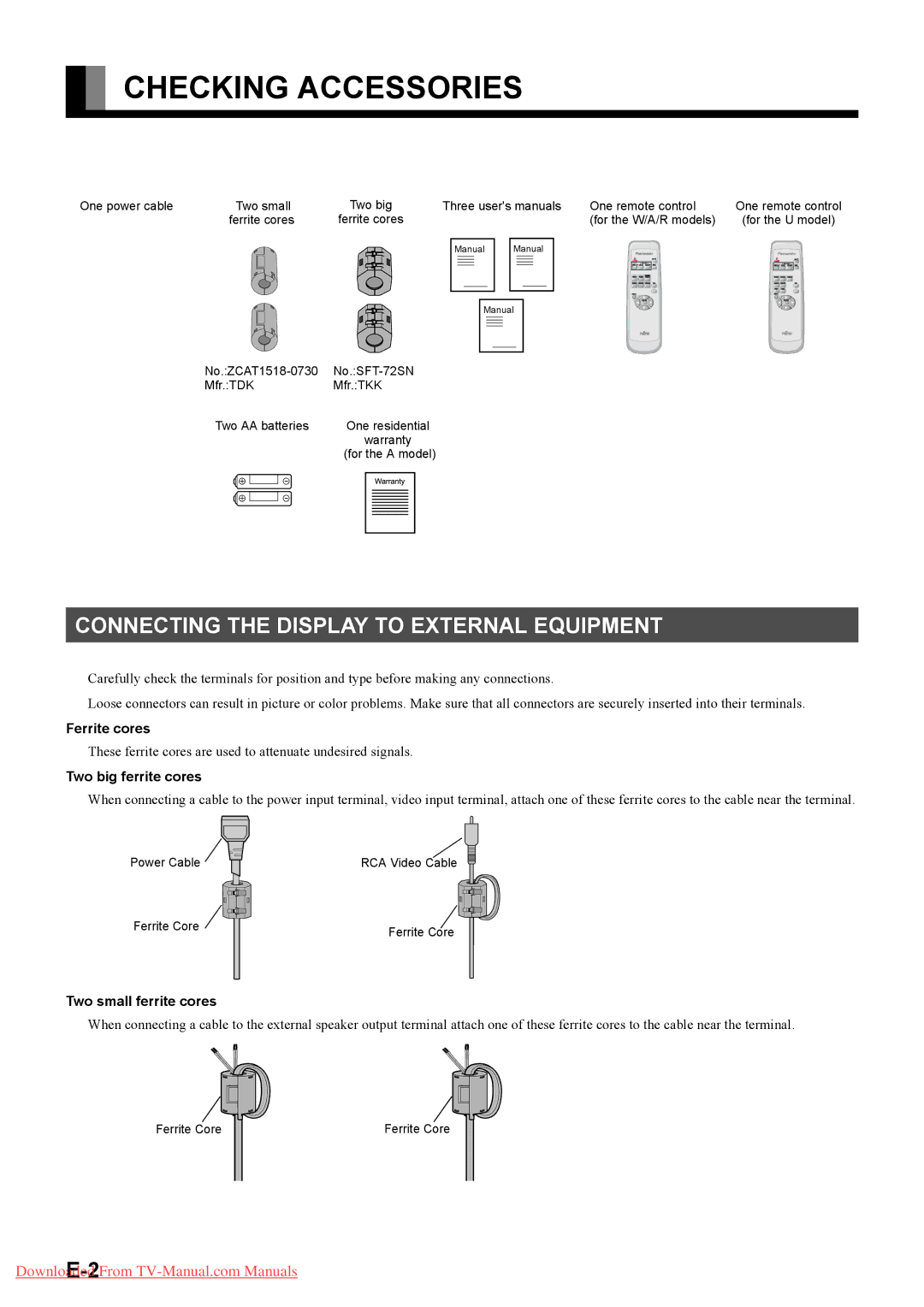 Fujitsu ZCAT1518-0730, SFT-72SN Checking Accessories, Connecting the Display to External Equipment, Ferrite cores 