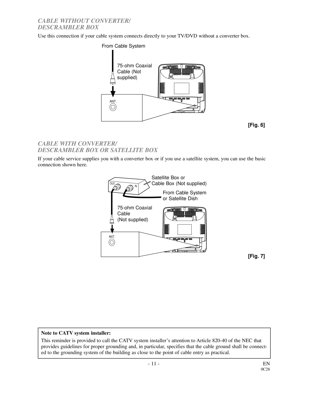 FUNAI 6513DA owner manual Cable Without Converter Descrambler BOX, Cable with Converter Descrambler BOX or Satellite BOX 