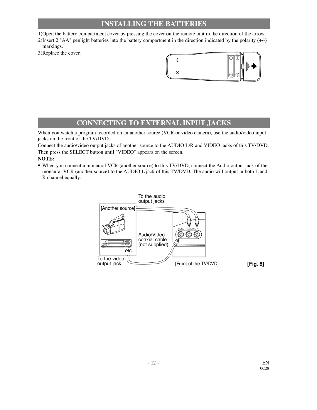 FUNAI 6513DA owner manual Installing the Batteries, Connecting to External Input Jacks 