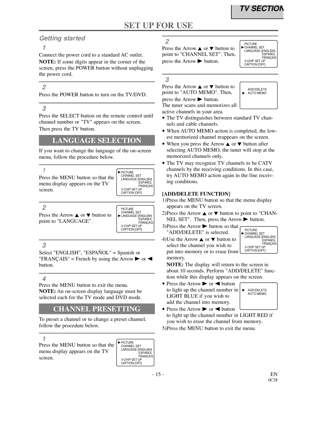 FUNAI 6513DA owner manual SET UP for USE, Language Selection, Channel Presetting, ADD/DELETE Function 